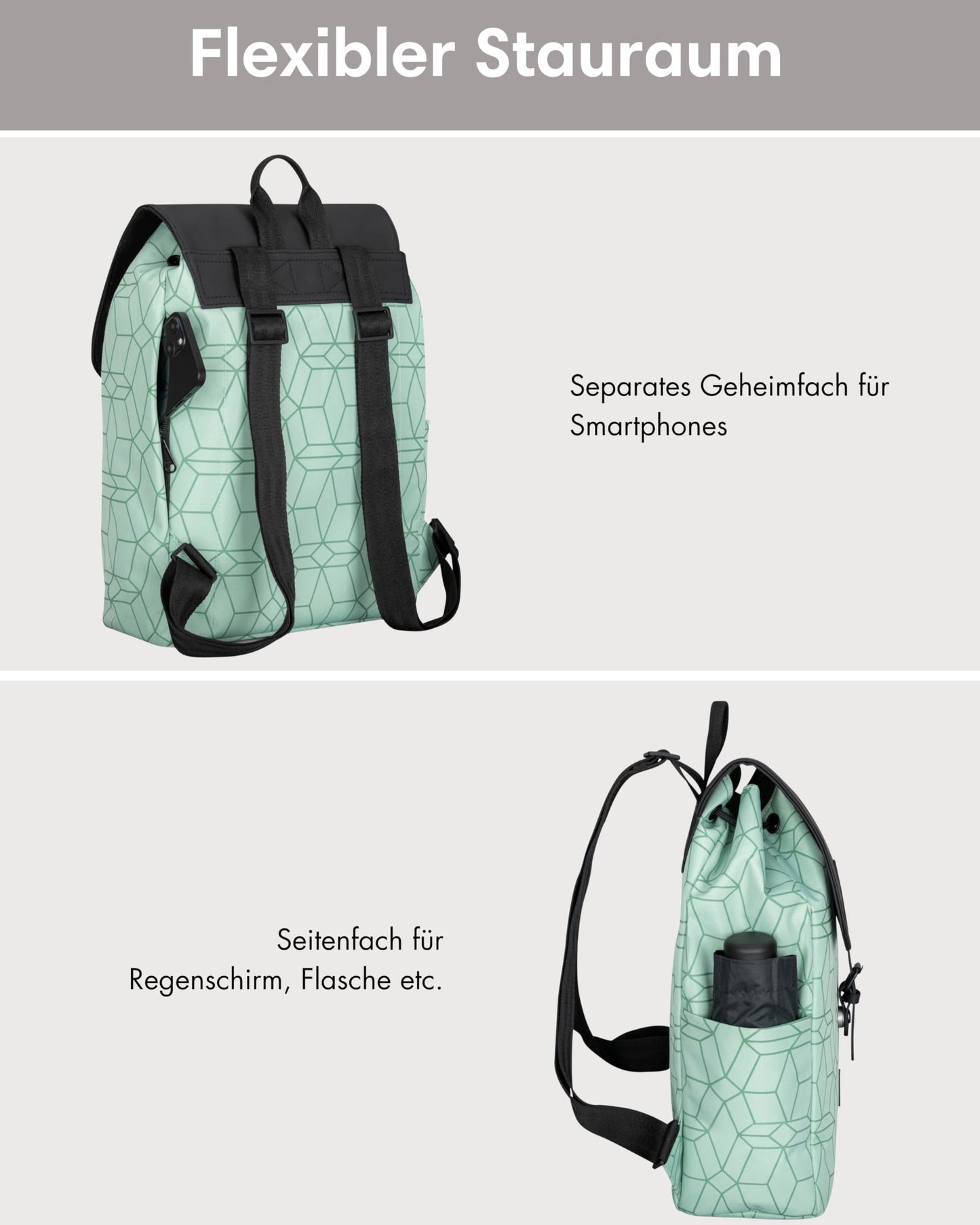 LARKSON Small Women's Backpack Mint Pattern - Ida - Small backpack for leisure, college, or city - With laptop compartment (up to 13 inches) - Elegant & sustainable - Water repellent
