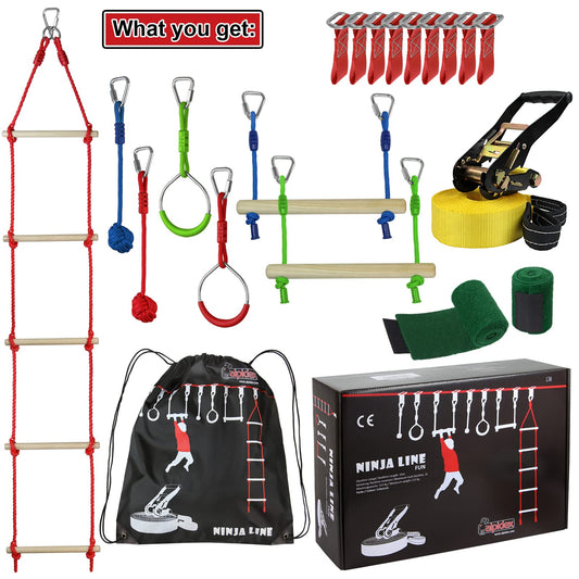 ALPIDEX Ninja Line Kids Slackline Obstacle Set includes rings, rope knots, swing, climbing ladder, expandable Warrior Course. 7-year warranty on materials*. Style: Fun.