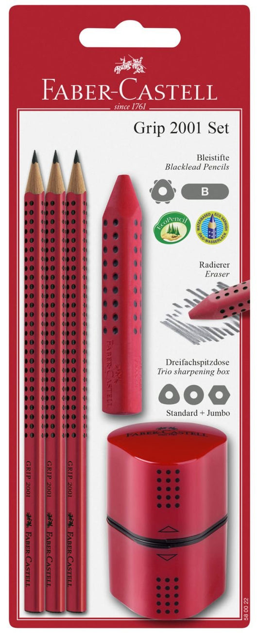 Faber-Castell 580022 - Pencils Set Grip 2001, 5 pieces with 3 pencils, eraser, and sharpener, red.