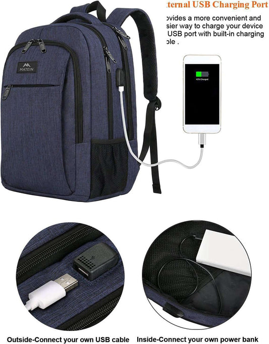 MATEIN school backpack 15.6 inch laptop notebook bag backpack for men with USB charging port boys computer bag gift travel work, blue