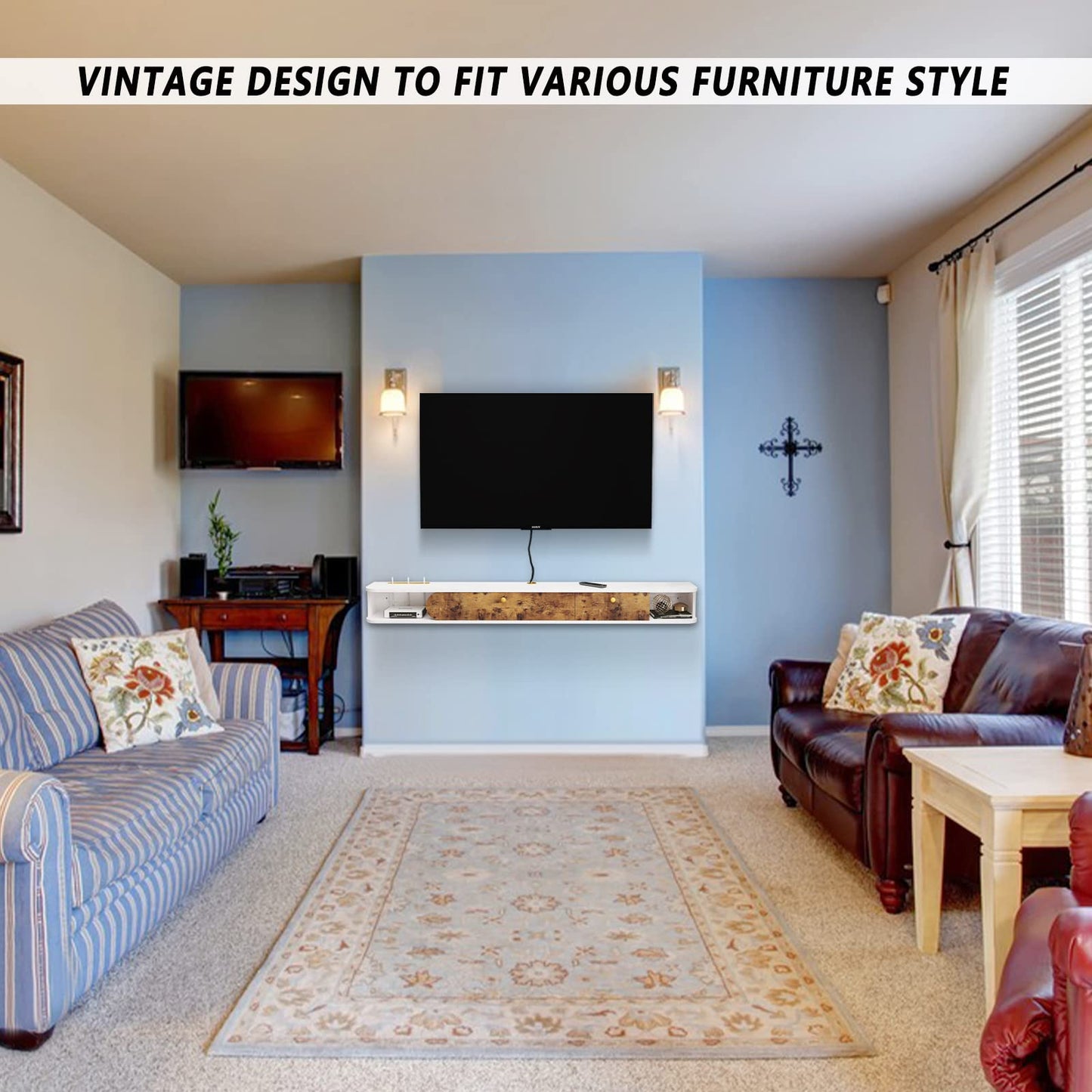 Pmnianhua TV Floating Lowboard, Hanging TV Cabinet, Wall Mounted Floating TV Stand Entertainment Media Console Center Large Storage Cabinet for Living Room Home Office (Vintage Brown)