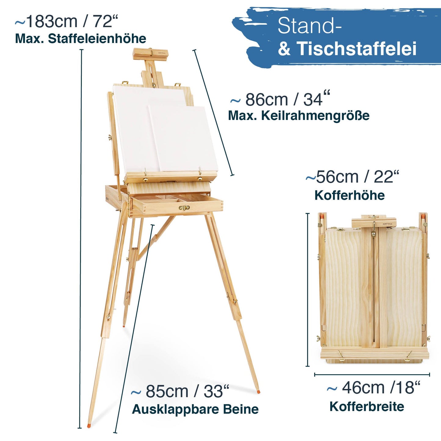 Artina 30-piece easel set Madrid - portable easel with XXL acrylic canvas painting set - field easel with 90° tilt - wooden easel set with 18 acrylic paints, 2 stretcher frames, brushes, and painting spatulas.