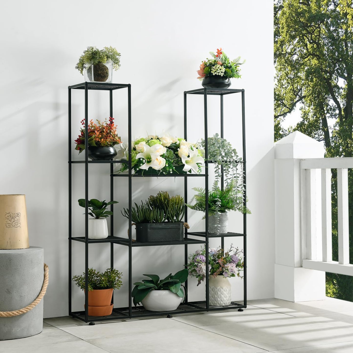 HUSFITLY metal flower rack, 4 tiers, 11 pots plant stand indoor outdoor, 120cm high waterproof flower stand, multi-tiered plant stand for garden balcony living room courtyard, black