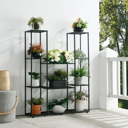 HUSFITLY metal flower rack, 4 tiers, 11 pots plant stand indoor outdoor, 120cm high waterproof flower stand, multi-tiered plant stand for garden balcony living room courtyard, black