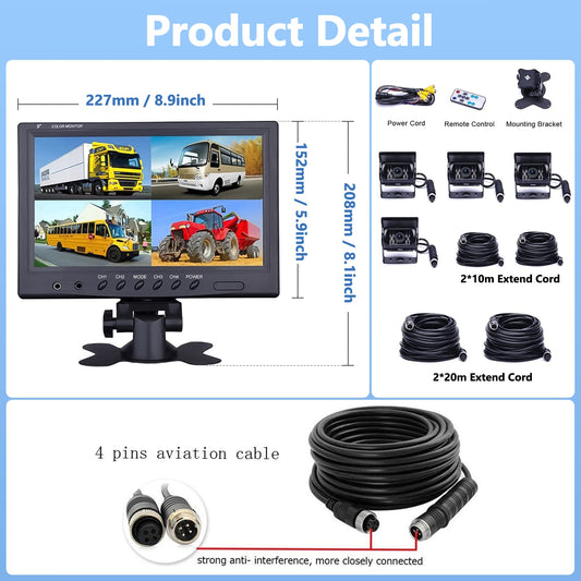 CAMECHO Rear View Camera 4 Camera Set, 9 Inch Monitor 4 Split Rear and Front Camera, Wide Angle, IP68 Waterproof, 18IR Night Vision, for Truck/Trailer/Bus/Van/Agriculture (DC12V-35V)