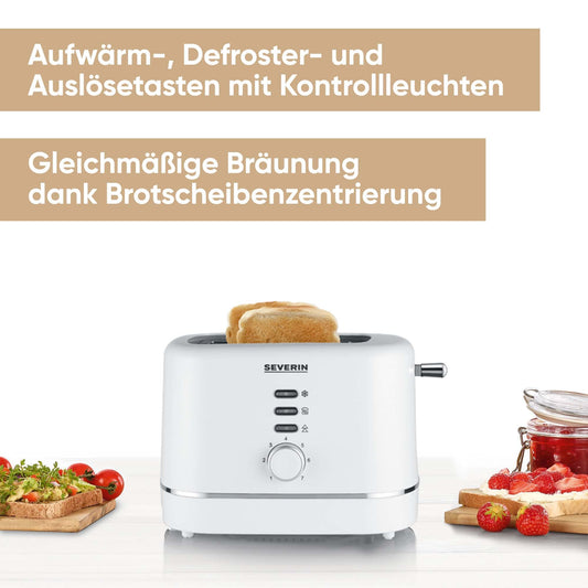 SEVERIN automatic toaster for 2 slices, stainless steel roll-up attachment, warming & defrosting function, adjustable browning level, auto shut-off, 850 W, white, AT 4324