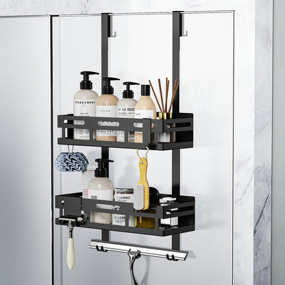 Reading tour shower shelf without drilling in black, hanging shower shelf for glass shower doors with 2 shower baskets, 4 fixed hooks, 1 glass wiper hook, and 2 movable hooks included.