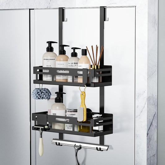 Reading tour shower shelf without drilling in black, hanging shower shelf for glass shower doors with 2 shower baskets, 4 fixed hooks, 1 glass wiper hook, and 2 movable hooks included.