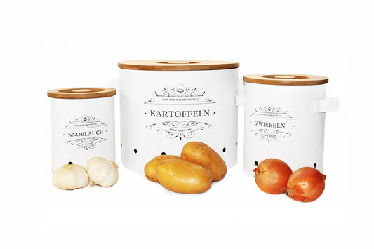 orbiteco 3-piece storage container set with high-quality bamboo lids - potato pot, onion pot, and garlic pot for stylish garlic, onion, and potato storage - long-lasting durability