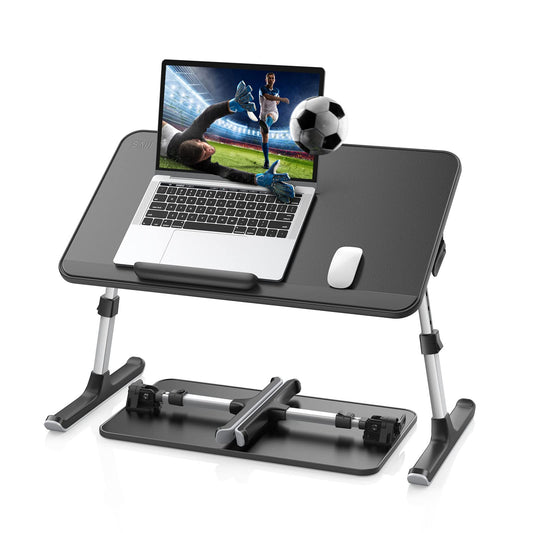 "SAIJI Laptop Table for Bed, Adjustable Height, Angle, Folding Legs, Sled Feet, PVC Leather Tabletop, Compatible with Laptops up to 17 Inches (Black, 52*30cm)"
