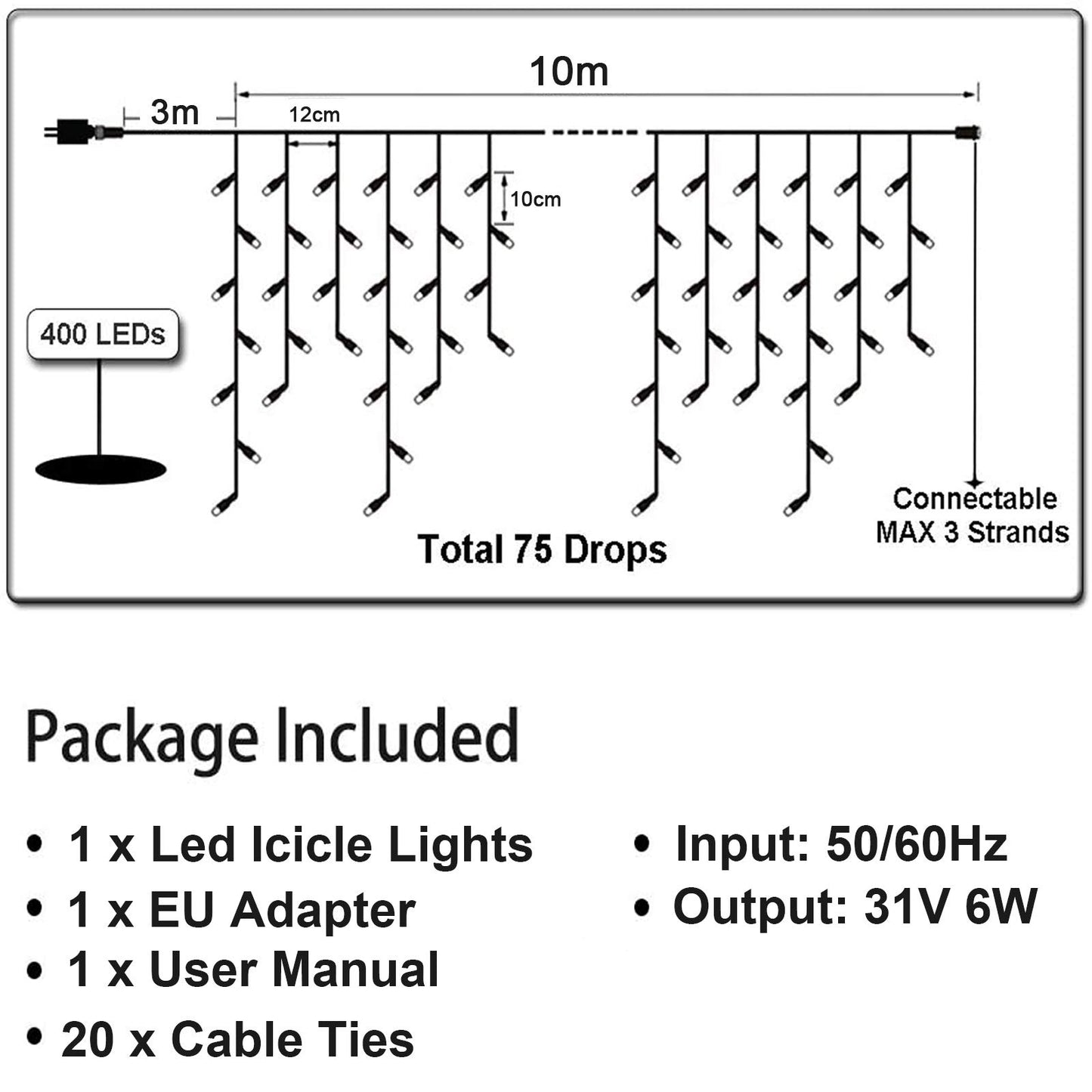 Nurkoo LED Meteor Shower Lights, 10m 400 LEDs for indoor and outdoor use, GS certified, IP44, 8 modes with memory function remote control timer for room, eaves, Christmas, stairs, railing.