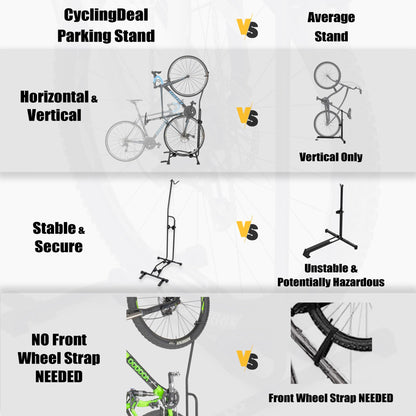 CyclingDeal Bike Stand - High quality adjustable vertical and horizontal bike rack - Safe and reliable storage for MTB and road bikes.