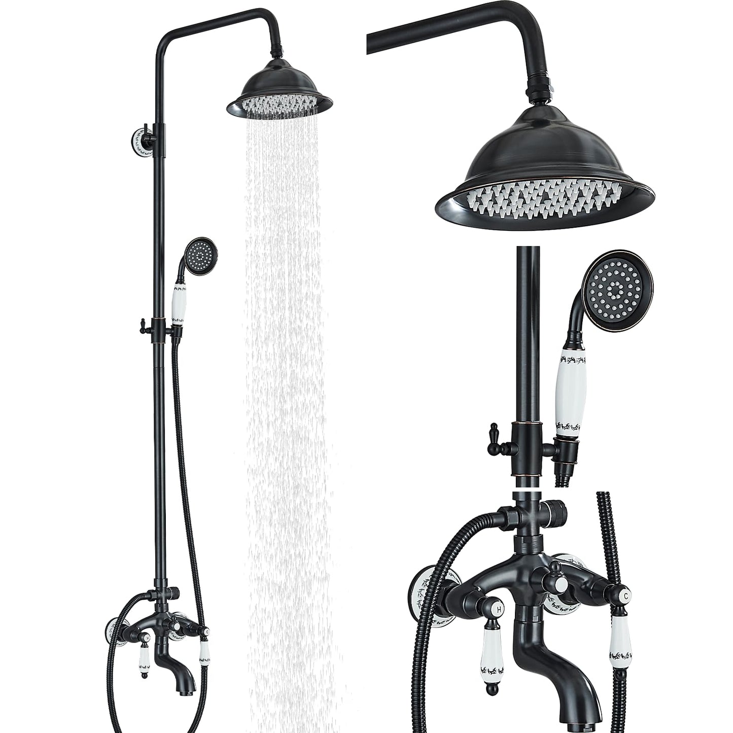 Suguword Black Shower Faucet Set Shower System Rain Shower Set with Shower Head Shower Column Rainfall Hand Shower Bar Blue and White Porcelain Complete Set Shower Faucet Anti-Liming