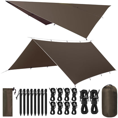 VOSOIR Tarp 3x5M Waterproof, Ultralight Camping Tent Tarp with 15 Grommets+8 Aluminum Stakes+10 Nylon Ropes, Anti-UV Snow Rain Protection, Lightweight Compact, for Hammock Camping Picnic (Dark Brown)