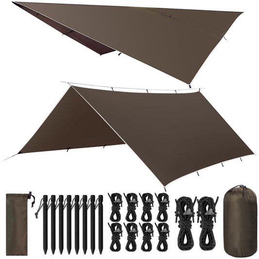 VOSOIR Tarp 3x5M Waterproof, Ultralight Camping Tent Tarp with 15 Grommets+8 Aluminum Stakes+10 Nylon Ropes, Anti-UV Snow Rain Protection, Lightweight Compact, for Hammock Camping Picnic (Dark Brown)