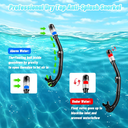 Adult Snorkel Set, Adult Diving Mask with Dry Snorkel, Waterproof Dive Mask Anti-Fog Anti-Leak, With Tempered Glass Lens, Snorkeling and Diving Snorkel Sets (Black)