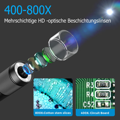 LCD Digital Handheld Microscope, 800x Portable Pocket Microscope for Kids with LED Lights. Connects to PC via USB, comes with SD Card and Slides.