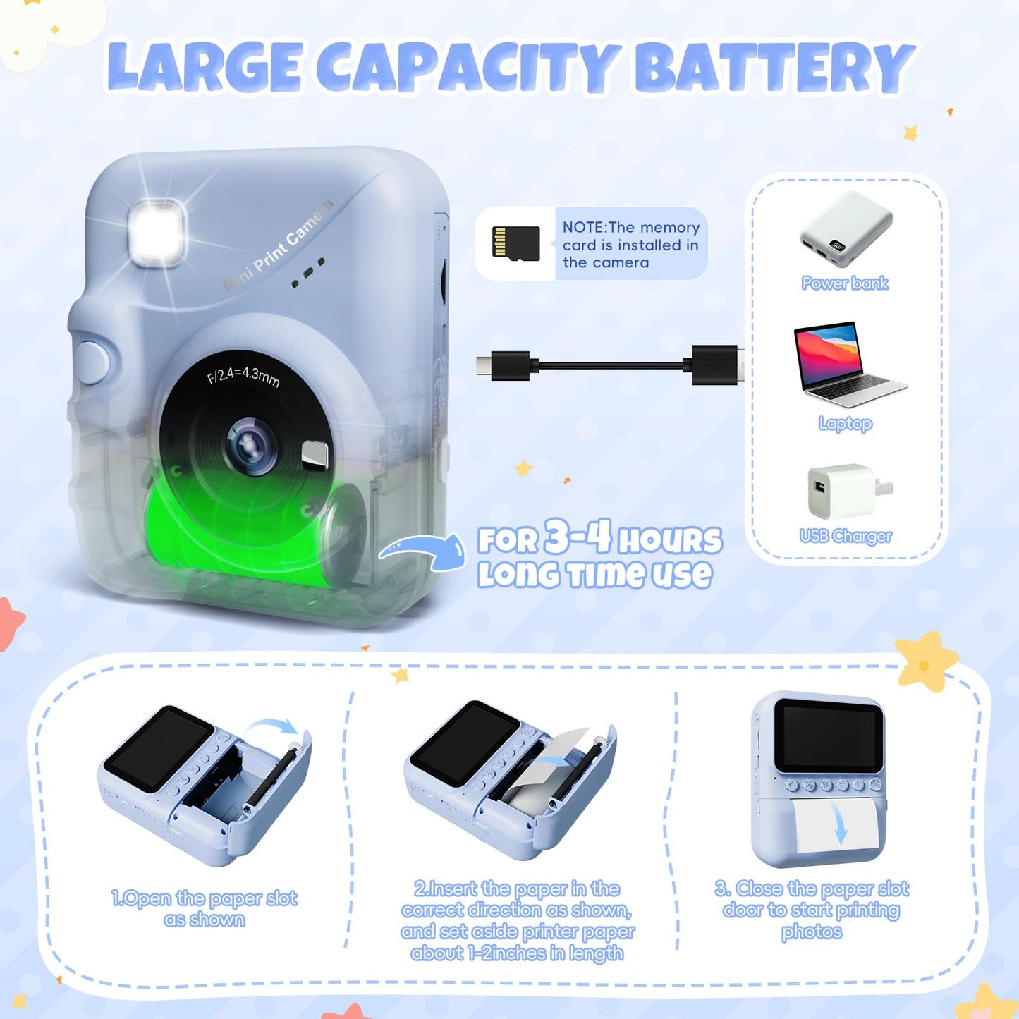 CalineGam instant camera for kids, 3.0 inch screen 48MP kids camera with 32GB card, 1080P HD kids instant print camera, gift for 3-12 boys and girls (blue)