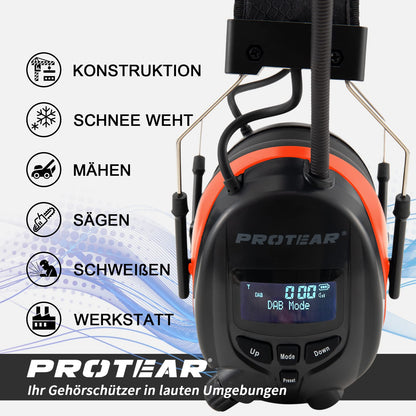 PROTEAR Hearing Protection with Radio DAB/DAB+/FM/Bluetooth 5.3, Noise Cancelling Wireless Headphones for Workshop, Garden/Mowing, SNR 30dB