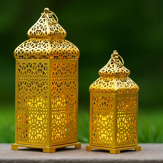 VELA LANTERNS Large golden temple Moroccan lantern lamp Decorative candle holders for Ramadan decorations, hanging, outdoor patio or porch, interior decor, gold, 2 pieces