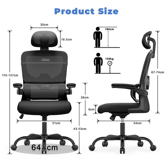 Naspaluro office chair, Ergonomic desk chair with adjustable headrest, armrests, dynamic lumbar support, swivel chair with breathable mesh cover for home office, black.