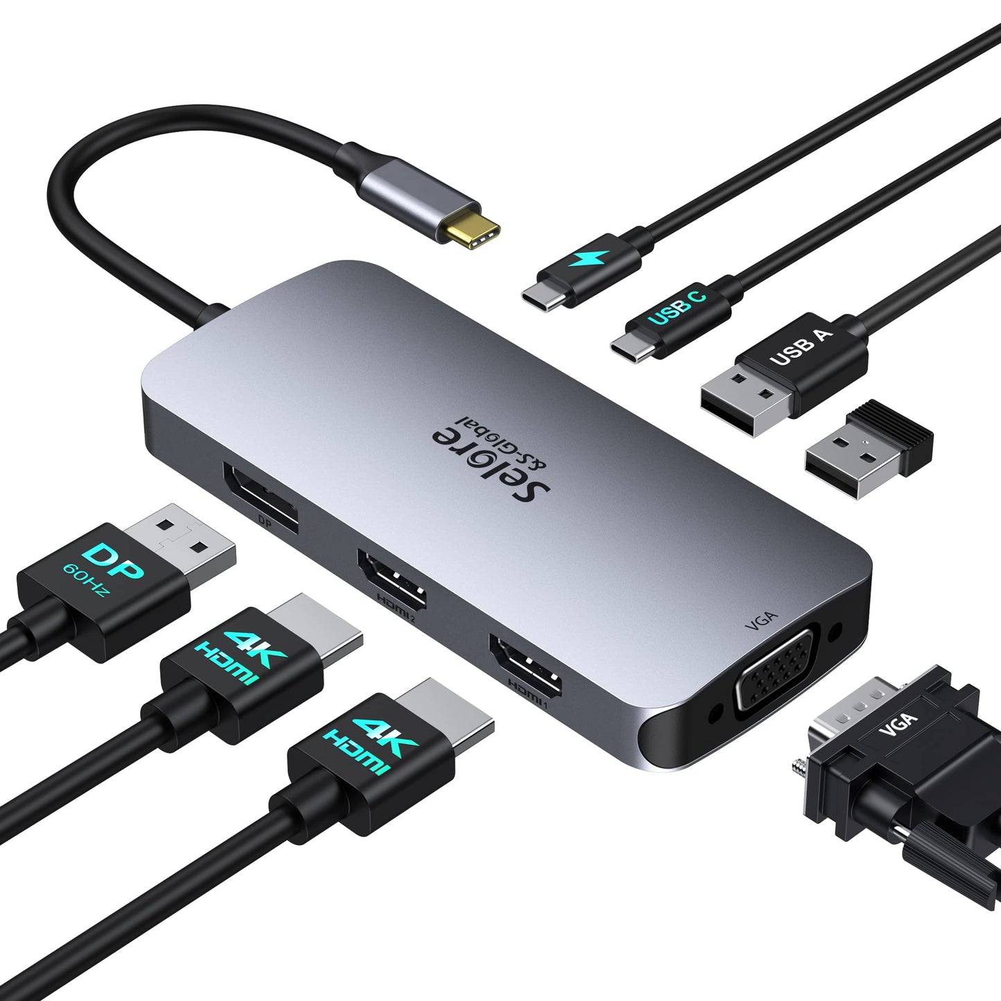 Docking Station 2 Monitor, USB C Hub 8 in 1 Laptop Docking Station DisplayPort Adapter with Dual 4K HDMI DP VGA PD100W USB 2.0 USB C data, USBC Multi Monitors compatible with Dell Thinkpad Huawei.