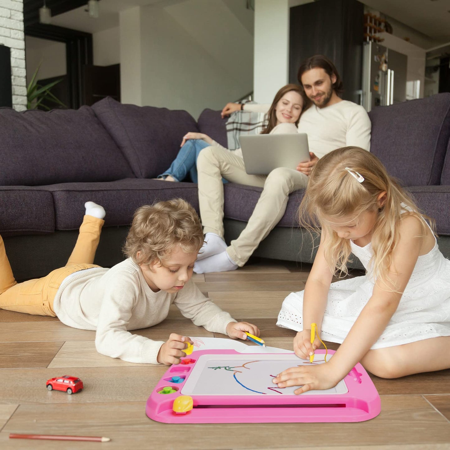 SGILE Large Magnetic Drawing Board Magic Doodle Board, 42x32cm Sketch Pad Magic Drawing Board Painting Board with 4 Shape Stamps for Kids Ages 3+ Gift, Pink