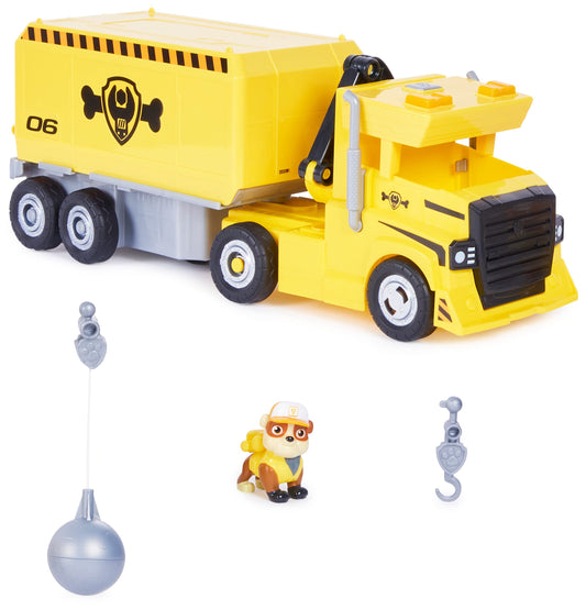 PAW PATROL 6064242 2-in-1 Rubble's Truck with digger, toy crane, lights and sounds, action figures, toy for kids ages 3 and up.