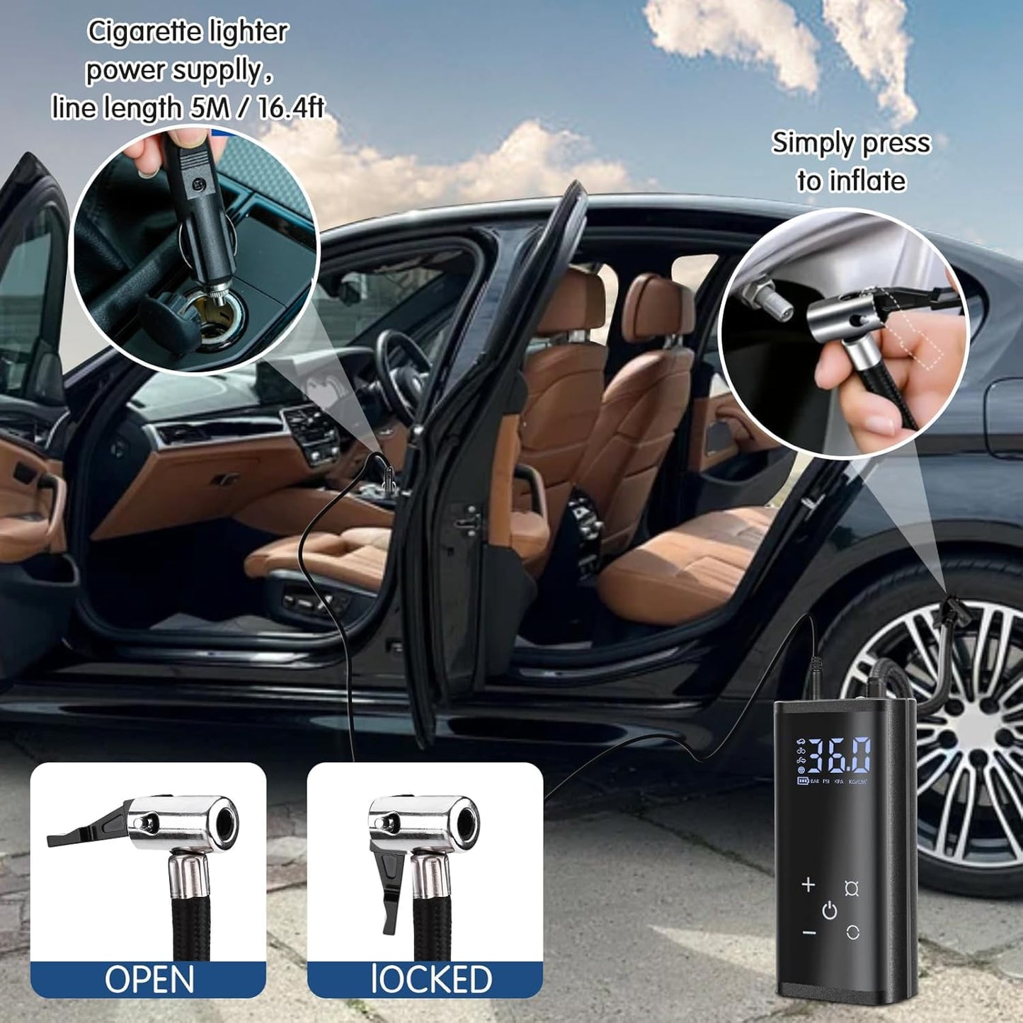 Electric air pump, 150 PSI portable battery compressor, 6000mAh bike pump air compressor for car bike motorcycle balls, touchscreen, rechargeable via USB-C, doubles as emergency light and power bank.