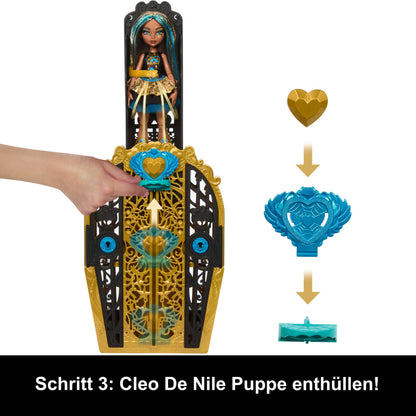 Monster High Skulltimate Secrets doll and accessory set, Monster Mysteries Cleo De Nile with wardrobe and over 19 surprises including clothing, HXH86.