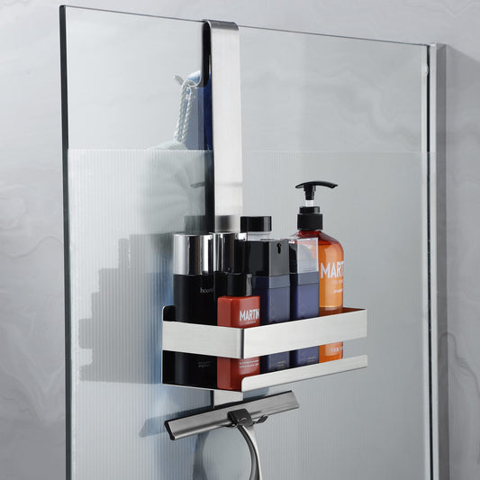 Cooeco hanging shower caddy - stainless steel shower basket for hanging on glass shower screen without drilling. Shower shelf shampoo holder with hooks for frameless glass door shower wall. No drilling required.
