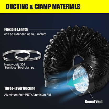 FanGoFast 150mm axial tube fan kit, 334m³/h axial exhaust fan duct fan with ON/OFF switch and 3m hose for grow tent, garage, tool room, office.