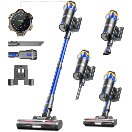 Cordless vacuum cleaner 45000Pa/550W/65min, 1.6L with display, anti-tangle brush, self-standing, wall charging station, 8-layer filtration, ultra quiet, for pet hair/carpets/hard floors/car.