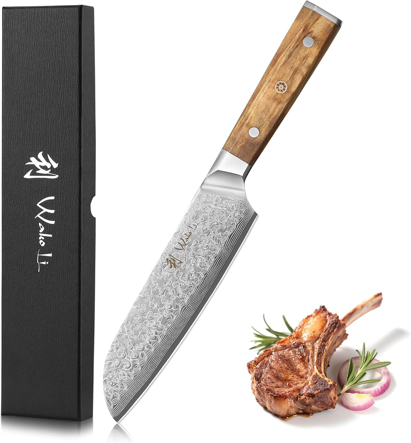 Wakoli Oribu kitchen knife with sharp 17.5 cm Damascus blade made of 67 layers of Damascus steel - Santoku knife with olive wood handle - vegetable knife - sharp knife in gift box - utility knife
