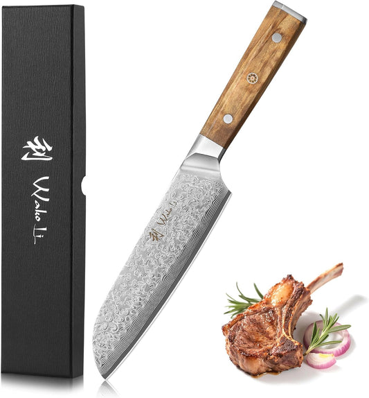 Wakoli Oribu kitchen knife with sharp 17.5 cm Damascus blade made of 67 layers of Damascus steel - Santoku knife with olive wood handle - vegetable knife - sharp knife in gift box - utility knife