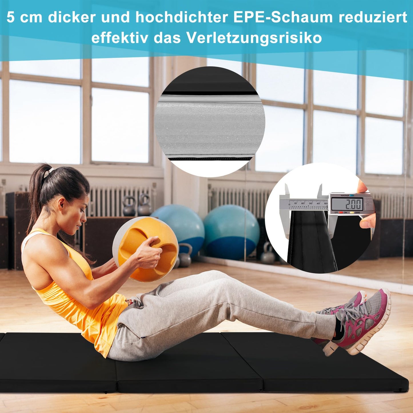 COSTWAY 240 x 120 x 5 cm soft floor mat, foldable gymnastics mat with Velcro closure and 2 handles, exercise mat, foldable mat, fitness mat for gymnastics, yoga, home training (black)