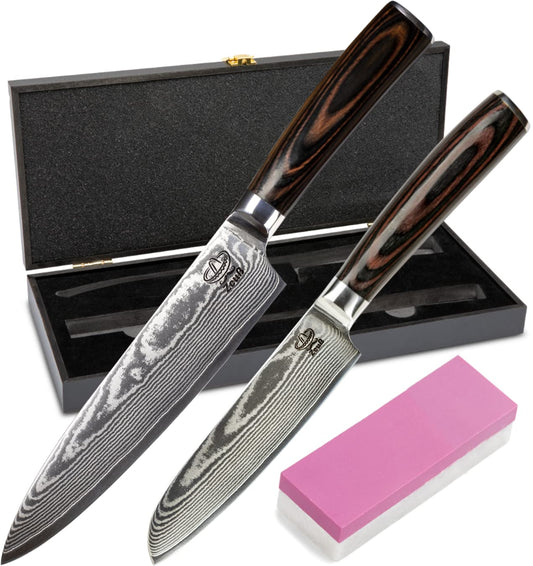 ZEUS Damascus Knife Set 2 pieces (32 cm and 24 cm) Professional Damascus kitchen knives made of authentic 67-layer Damascus steel I with chef's knife, Santoku knife, Pakka wood handle, and sharpening stone.