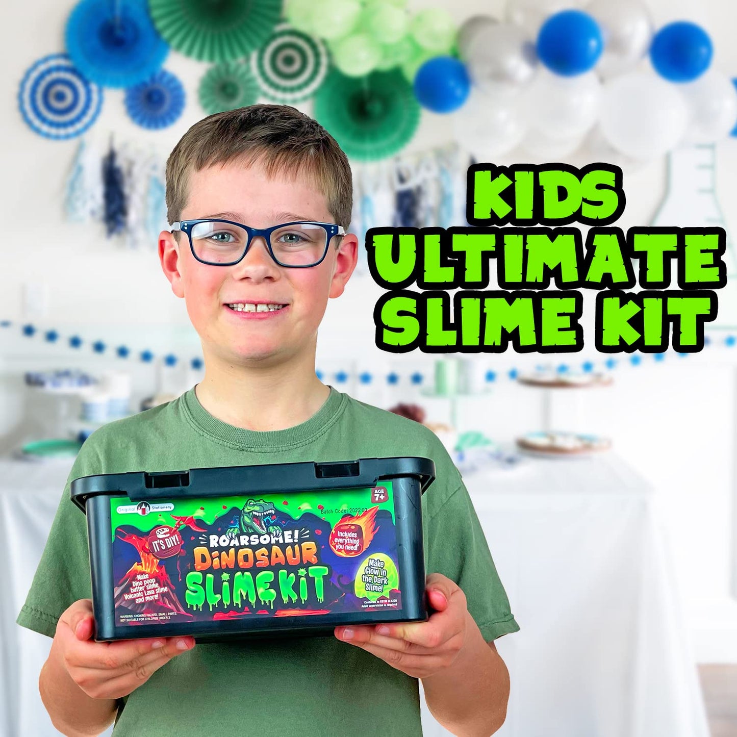 Original Stationery Dinosaur Slime Kit, slime lab set for boys to create glow in the dark slime, butter slime, and dino poop slime, great gifts for kids.