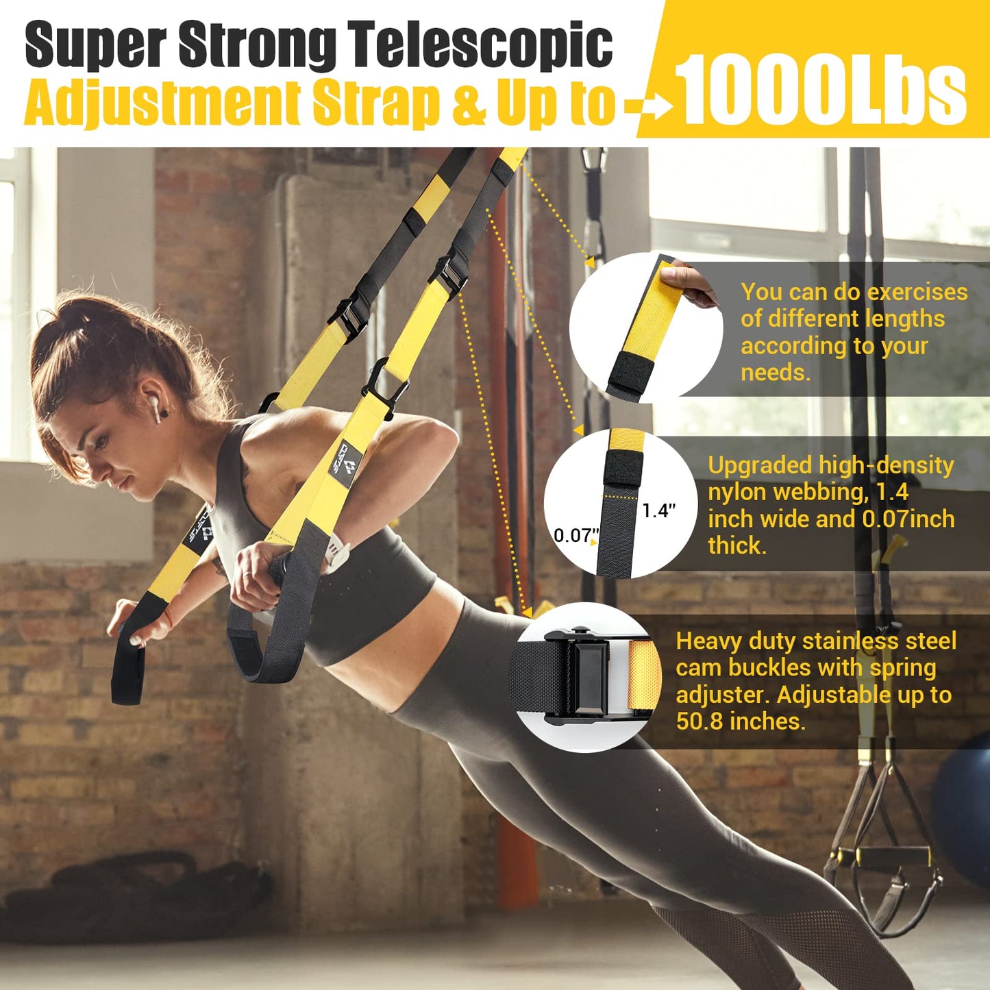 COFOF Suspension Trainer - Professional sports kit for full body training, with large handles, door anchor attachment, carrying bag, and exercise guide for home gym.