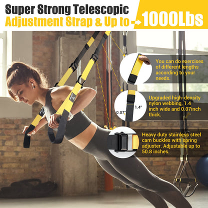 COFOF Suspension Trainer - Professional sports kit for full body training, with large handles, door anchor attachment, carrying bag, and exercise guide for home gym.