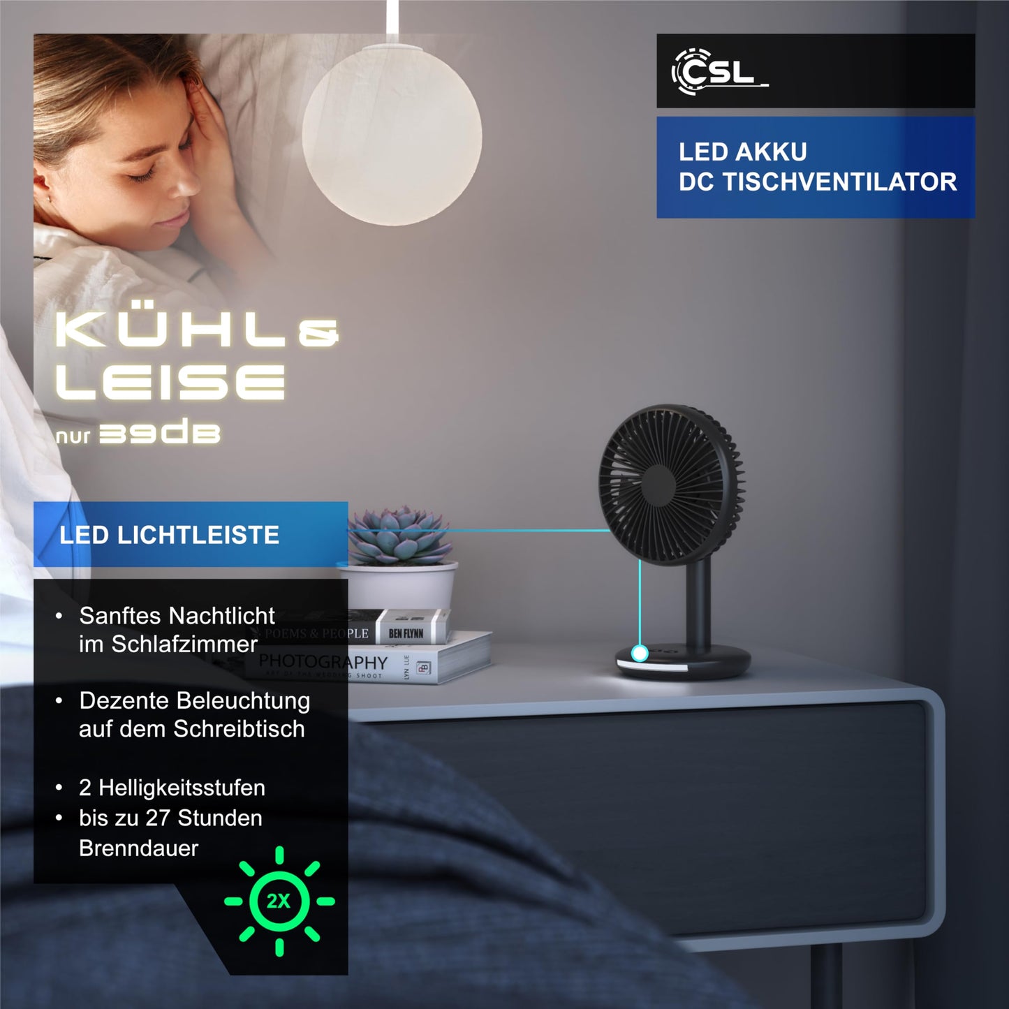CSL - Table Fan with 2000 mAh Battery - USB Fan - Desk Fan - 3-speed - Energy Efficient - Very Quiet
