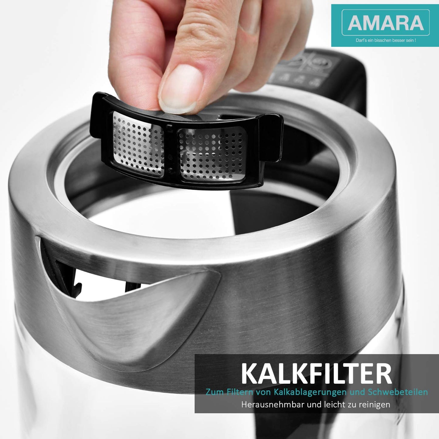 AMARA Glass Electric Kettle with Temperature Control 2200 Watts 2L especially quiet Temperature range 50-100°C With EASY-FILL filling system LED color change indicates temperature.