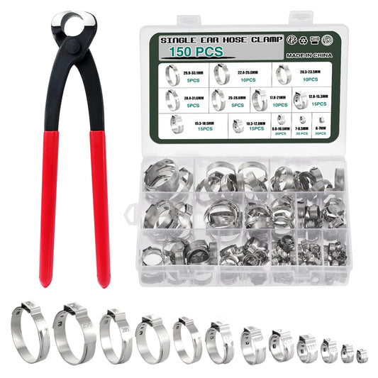 150 pieces 304 Stainless Steel Single Ear Stepless Hose Clamps Set, 6-33.1mm 12 Sizes Crimp Hose Clamps Assortment Kit, Ear Cinch Rings Crimp Pinch Fitting Tools