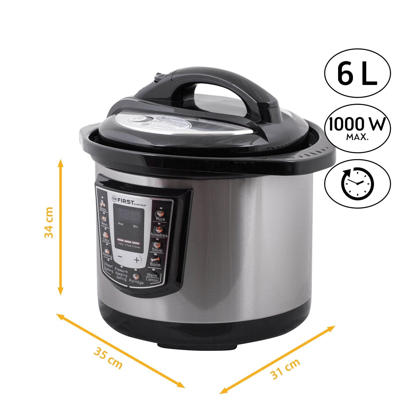 TZS First Austria - Electric Pressure Cooker 6L with 9 auto programs - Multicooker 1000W Multicooker as Rice Cooker, Steamer, Crock Pot etc. - Electric Multivarka Pressure Cooker including recipe book.