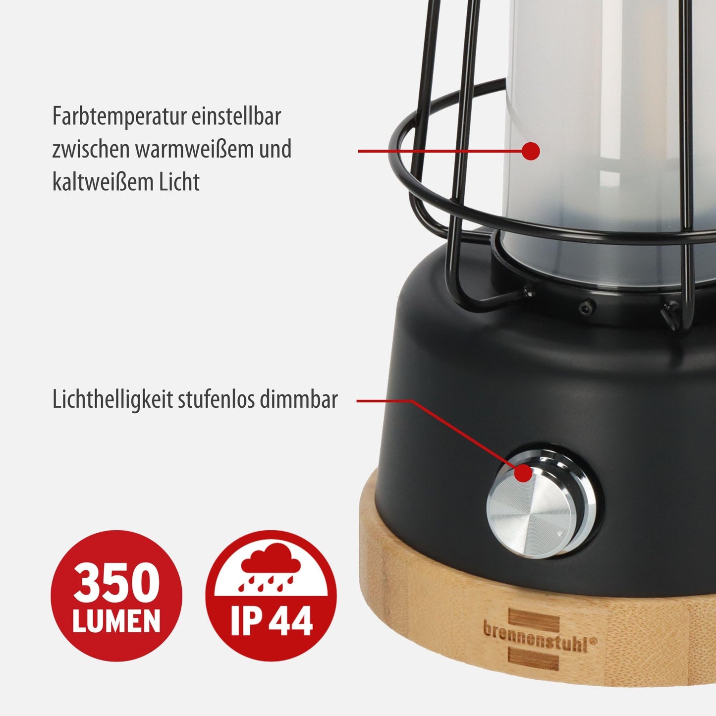 Brennenstuhl LED Battery Camping Lantern CAL 1 AC (350lm, IP44, up to 75h battery life, dimmable, adjustable color temperature, rechargeable USB C outdoor lamp with hemp rope and bamboo base)