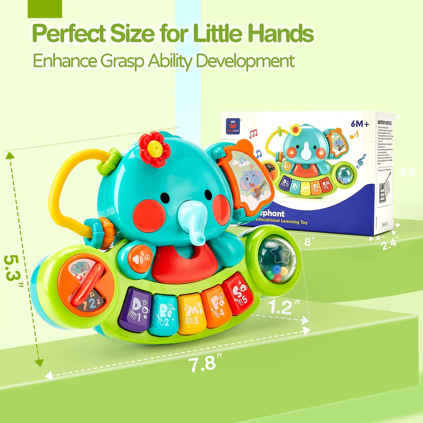 Hahaland baby toy for 6 months old girls, elephant musical toy motor skills toy, musical instruments with light & sound children keyboard baby toy for 1 year old girls boys.