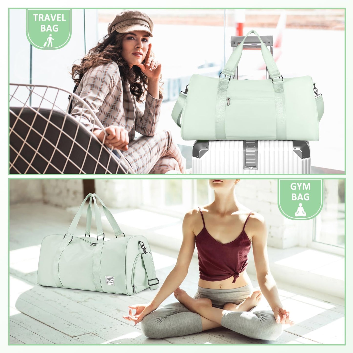 HYC00 sports bag for women, carry-on luggage for airplane, weekender bag, overnight bag, swim bag with wet compartment & shoe compartment, gym bag for women, hospital bag, travel duffle bag, light green