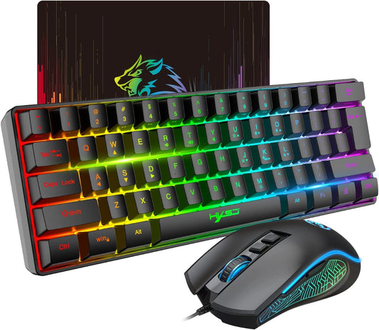 HXSJ V700 Gaming Keyboard and Mouse Set, 60% Compact Keyboard, 61 keys, TKL Layout, RGB Lighting, Optical Gaming Sensor Mouse with 7 buttons, 7-color LED light, Up to 3600 DPI, for PC, Mac-Black