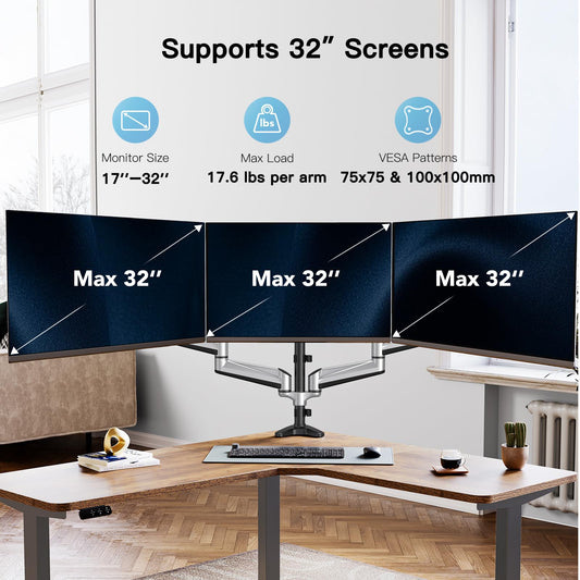 HUANUO Triple Monitor Stand for 17-32 inch screens, Adjustable Height Triple Monitor Mount, Holds up to 8kg per arm.