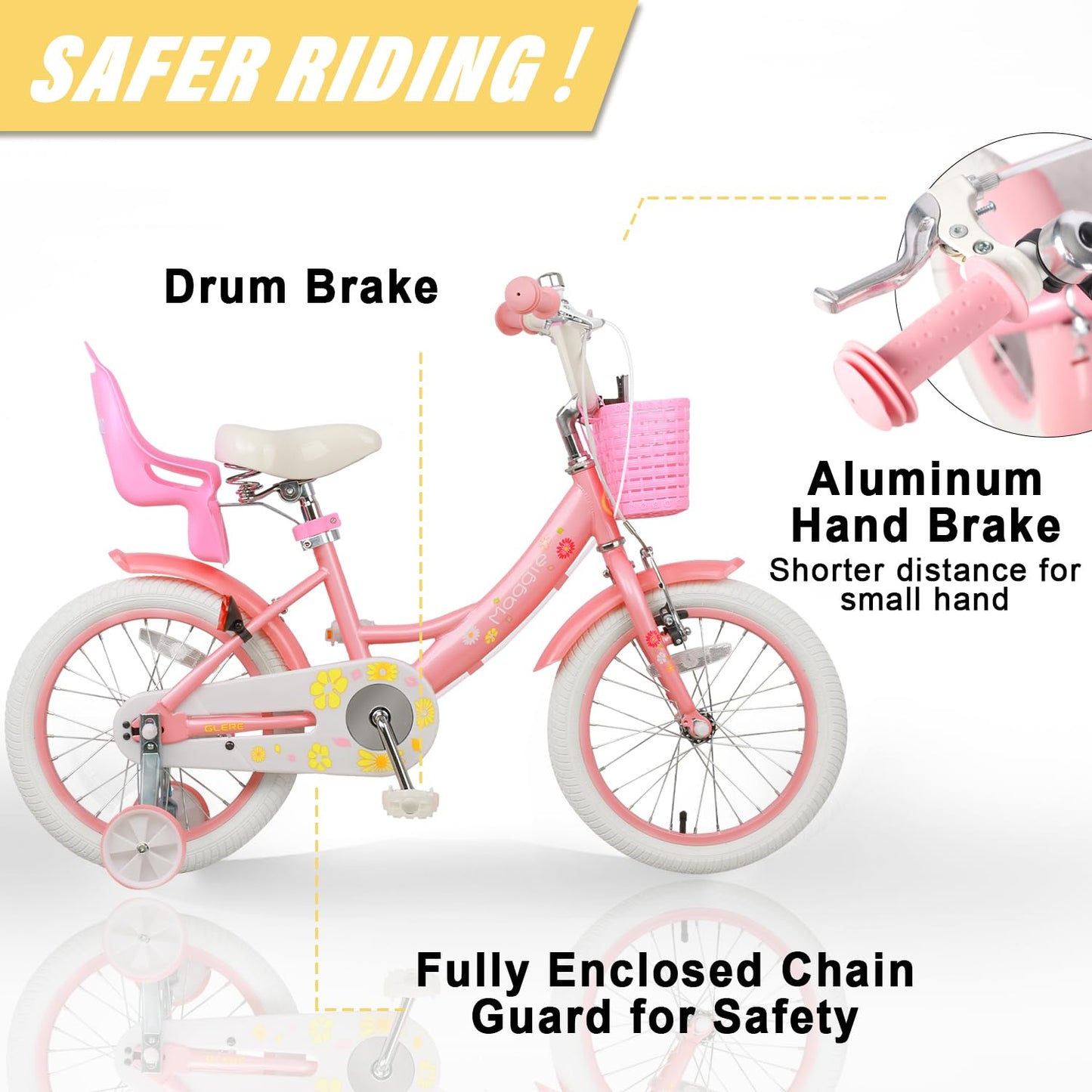 Glerc Maggie 16 inch kids' bike for 4-7 year old girls. Princess style with doll seat, basket, training wheels, and bell. Perfect birthday gift, in pink to white.